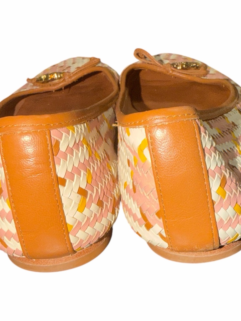 Tory Burch Pink Multi Woven Leather Bow Flats with Gold Logo Charm - Picture 6 of 8